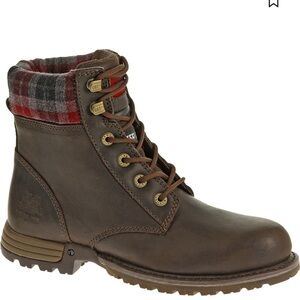 Women’s Caterpillar Brown Leather Steel Toe  Boots with Plaid Detail Size 9